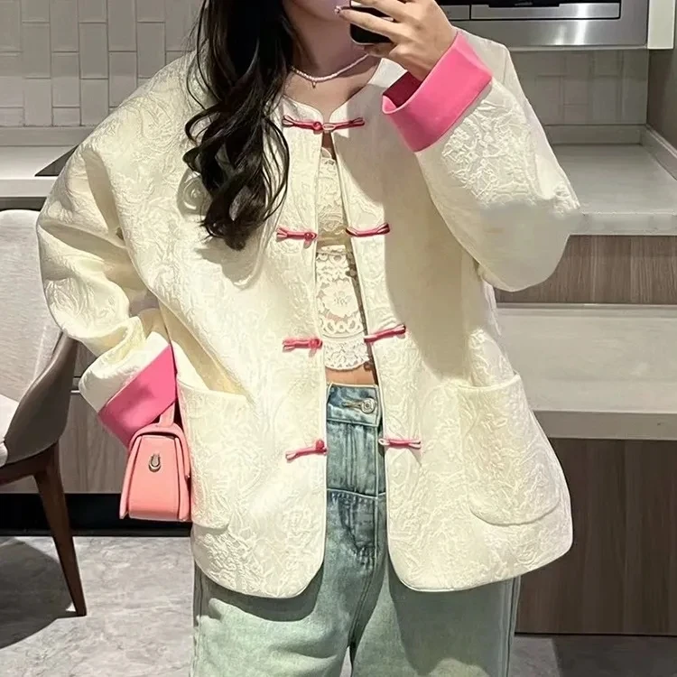 2024年新款提花新中式国风盘扣外套女春秋宽松无领宋锦老钱风上衣