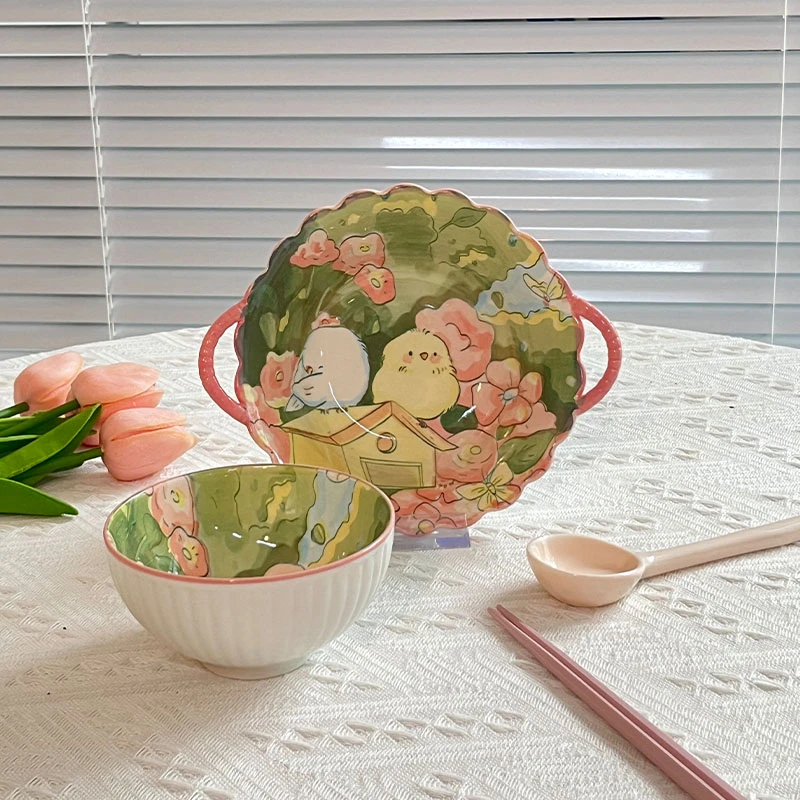 【清晨小鸟】可爱软萌少女心家用釉下彩陶瓷碗筷勺餐具组合4件套