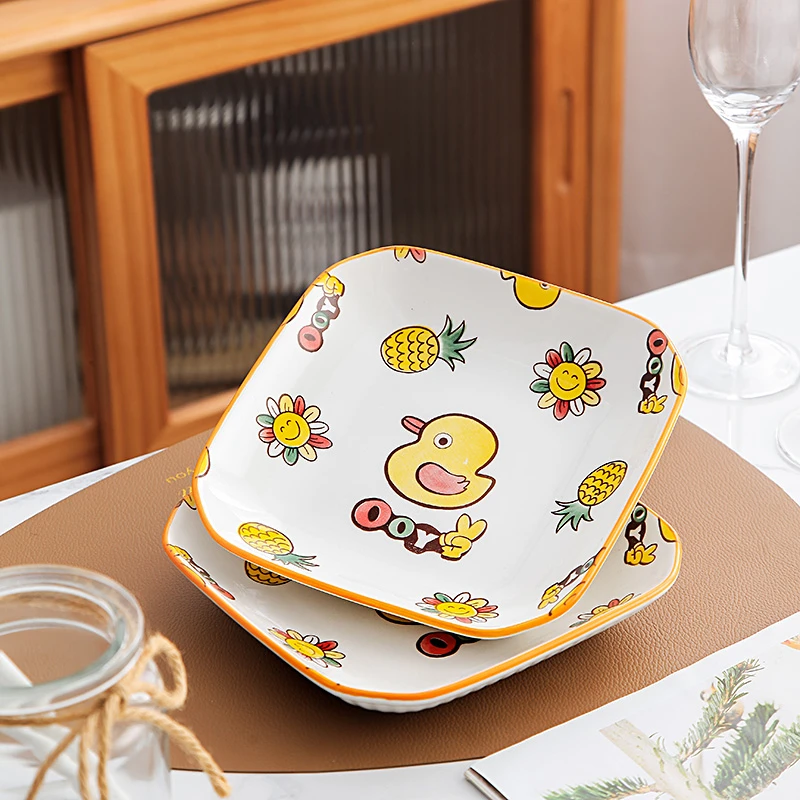【清仓福利】小黄鸭8寸方盘小清新可爱2023新款盘子家用釉下彩陶瓷