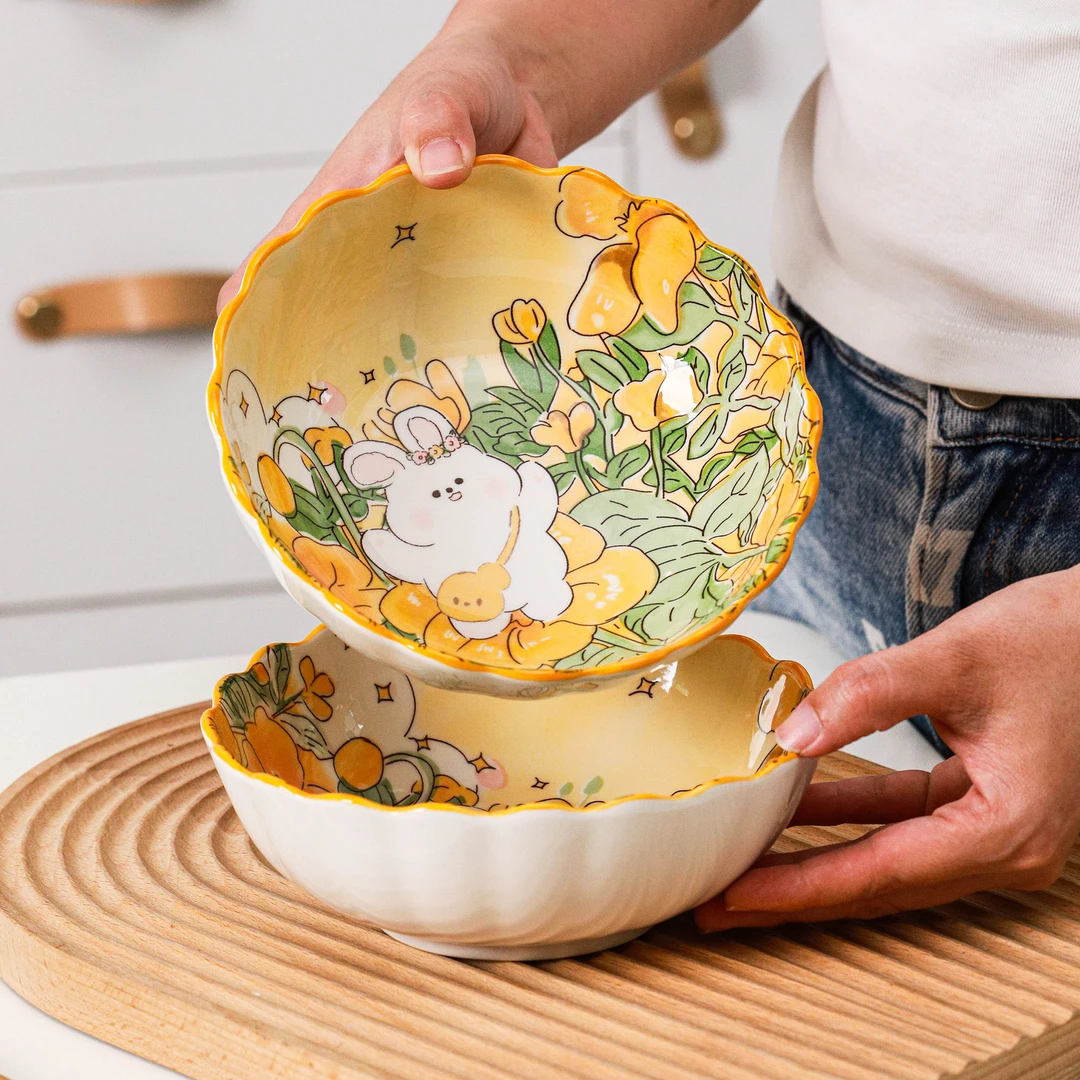【花中兔】春日卡通花与兔系列餐具6.25英寸沙拉碗2个装