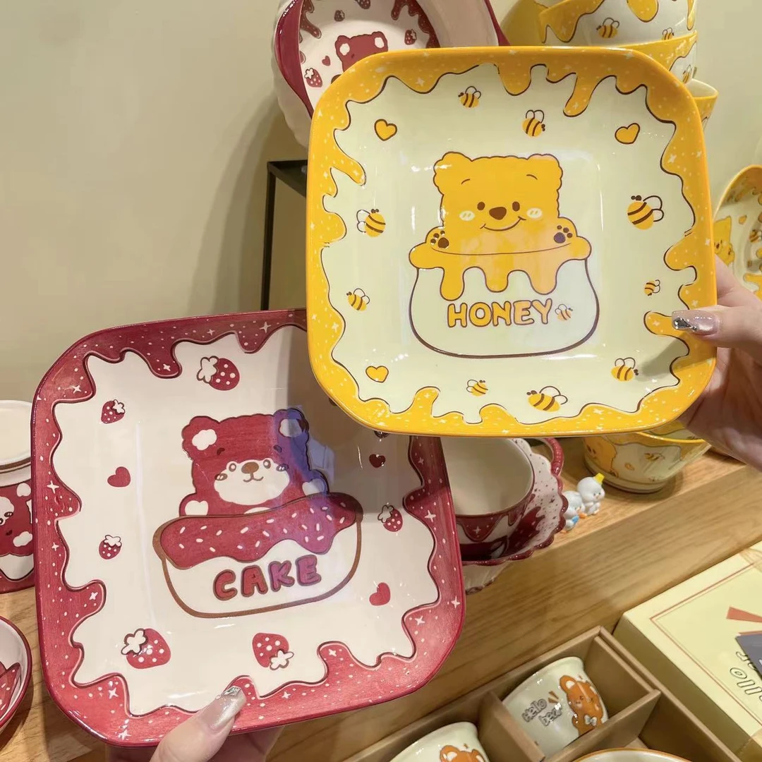 【萌趣小熊】8英寸正方盘2个混装陶瓷釉下彩工艺好物餐具套装易清洗