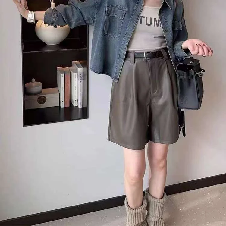 90551街拍女气质高腰皮短裤五分显瘦牛仔配腰带