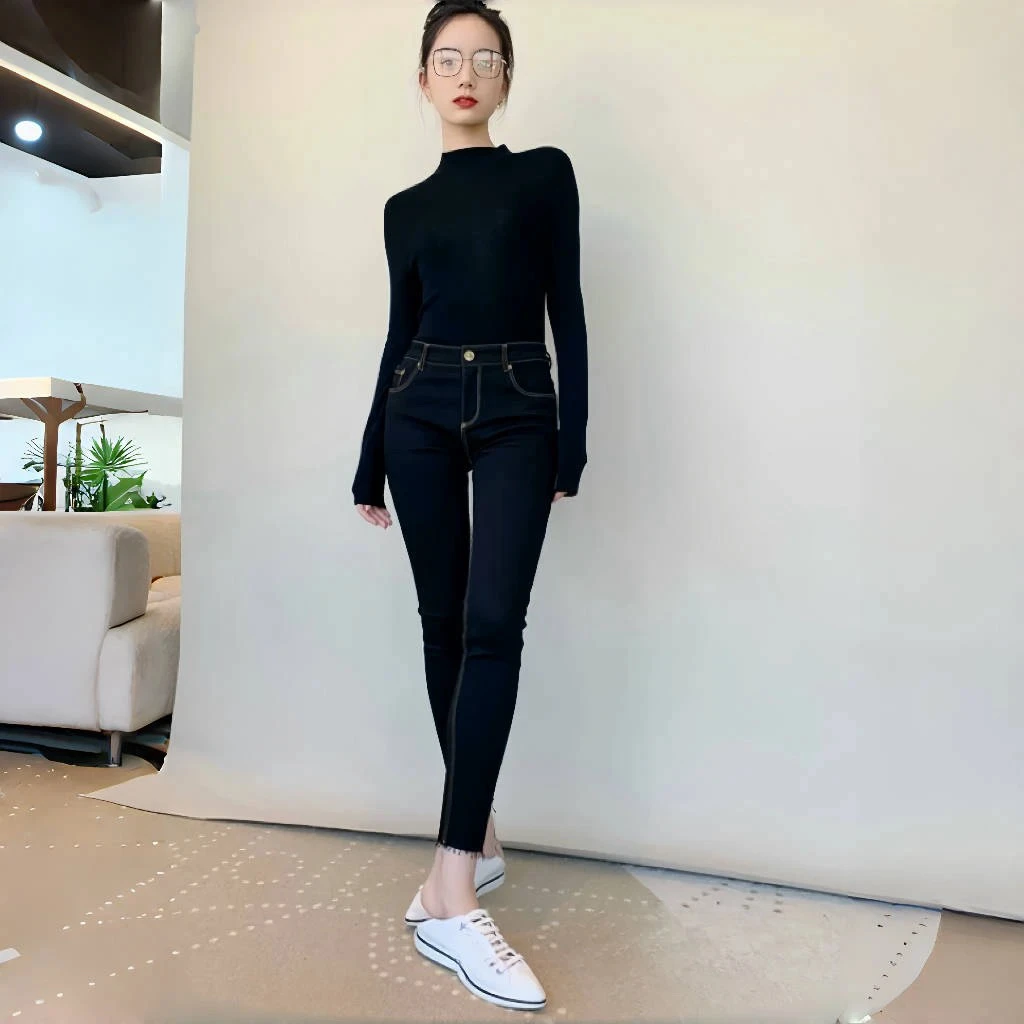 9019极简高腰突显大气黑色复古明线冬季加绒加厚弹力小脚牛仔裤