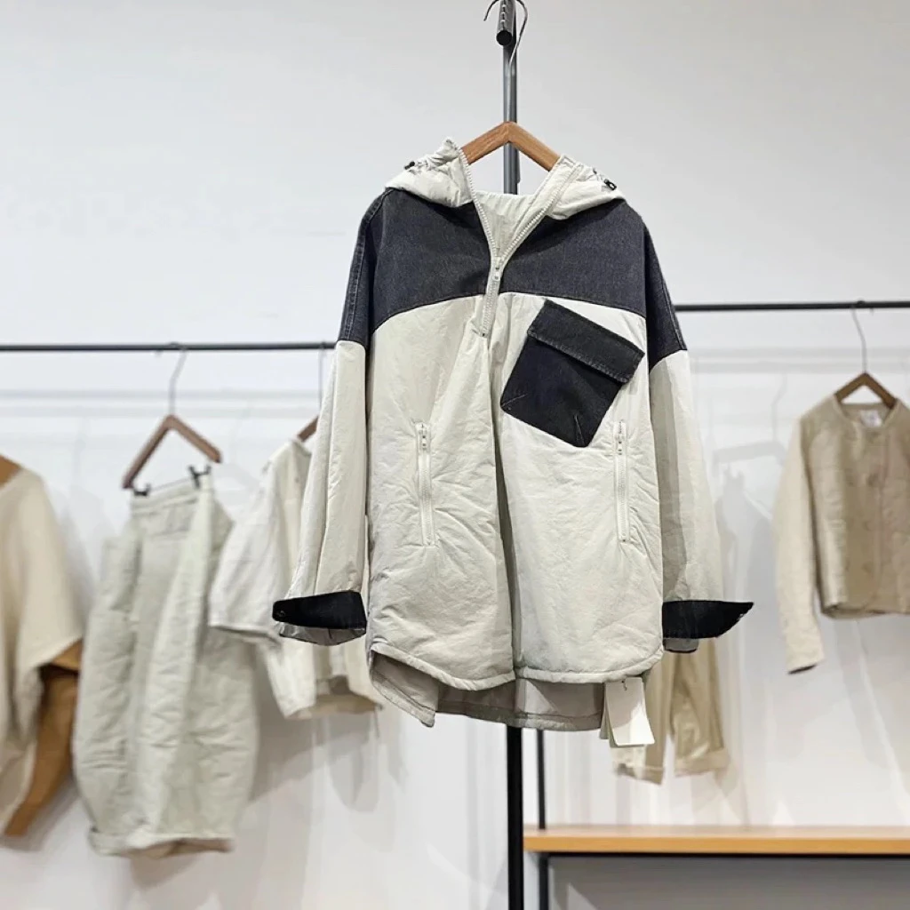 休闲秋冬个性上衣夹棉连帽卫衣宽松个性撞色牛仔拼接半拉链卫衣