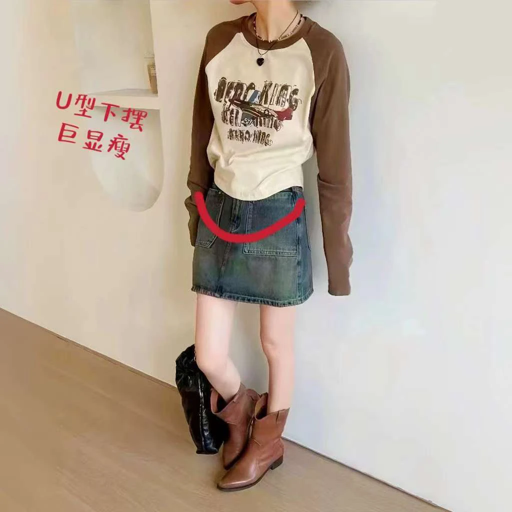 00531小灰机来啦!高版本插肩袖百搭纯棉印花长袖显瘦Y时尚