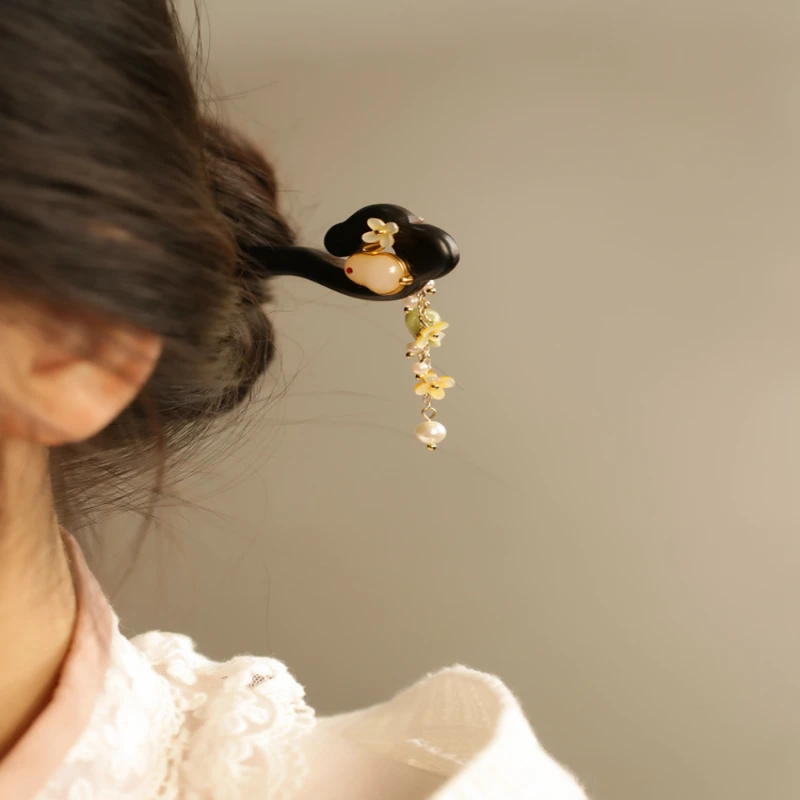 复古古风国风玉兔流苏发簪女后脑勺盘发簪头饰简约木质发钗木发簪