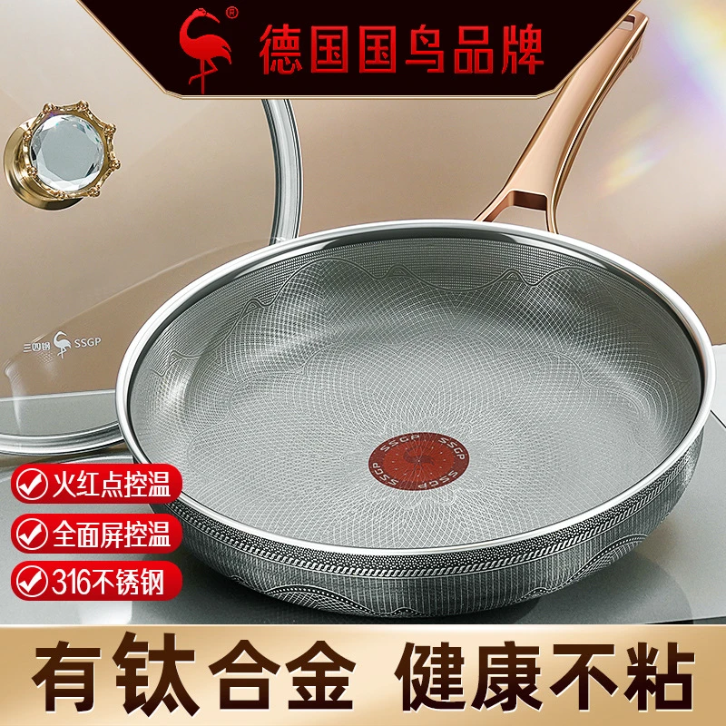 三四钢316不锈钢平底不粘锅家用煎锅煎蛋饼牛排电磁炉燃气灶通用