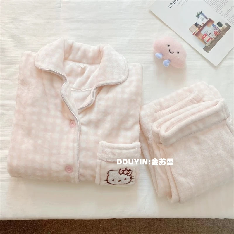 可爱kitty猫珊瑚绒睡衣女秋冬季加绒加厚冬天保暖格子少女家居服