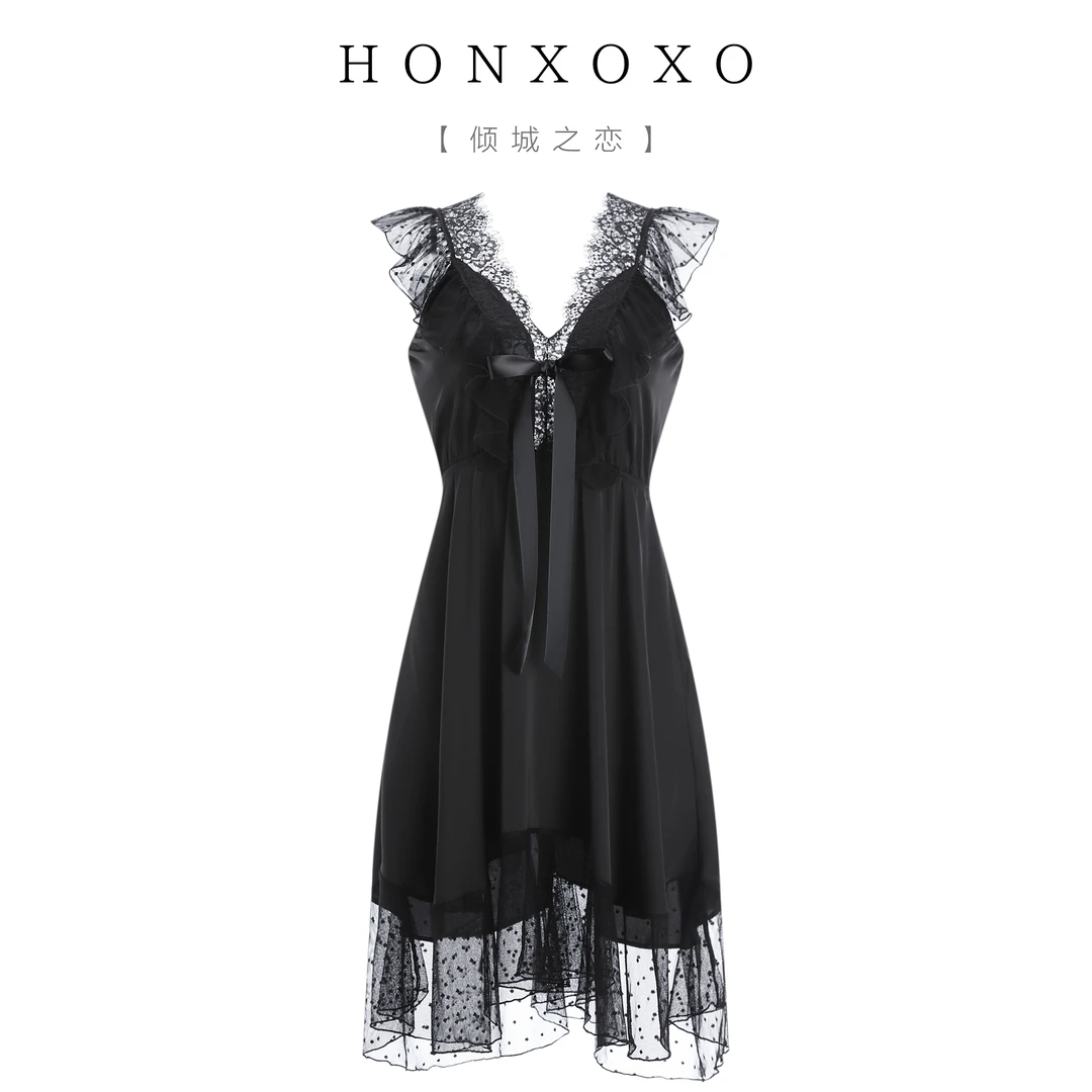 【倾城之恋/长】爆款蕾丝睡裙大码显瘦遮肉性感V领纯欲可外穿睡衣