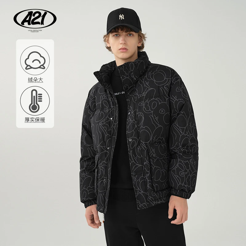 A21男装羽绒服新款冬季撞色外套羽绒服夹克日系保暖R424115068