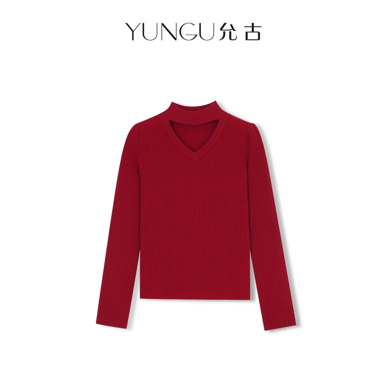 允古品牌【年终福利】设计感镂空羊毛针织衫女显瘦长袖半高领打底衫