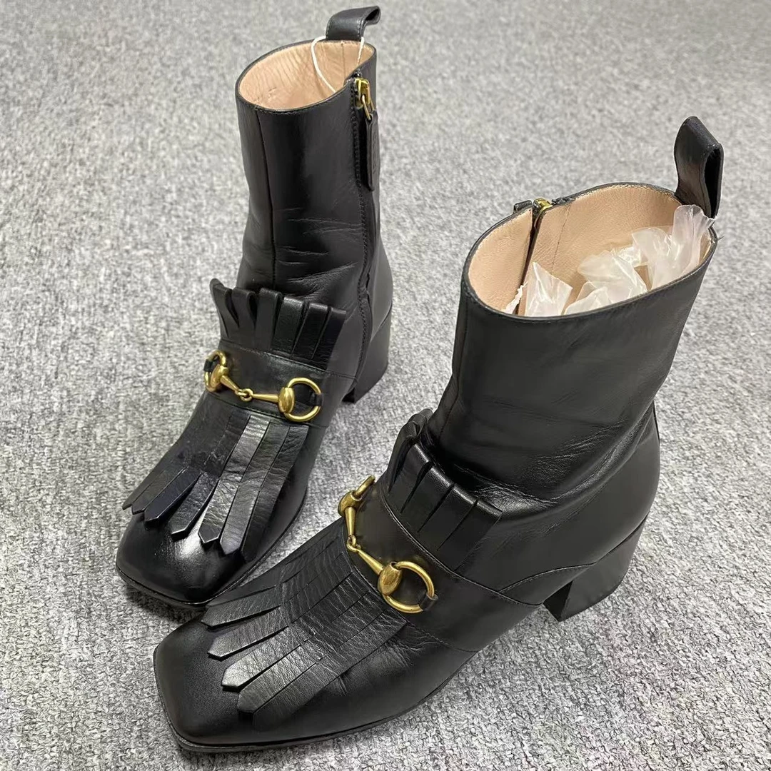 GUCCI/古驰37码/Seven女鞋精选 黑色金标马衔扣流苏高跟短靴 687