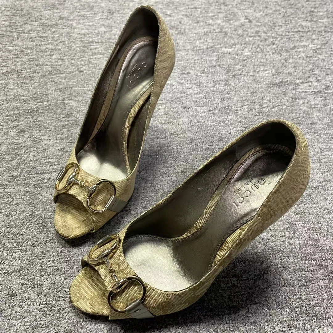 GUCCI/古驰35码/Seven女鞋精选 棕色印花马衔扣鱼嘴高跟鞋  662