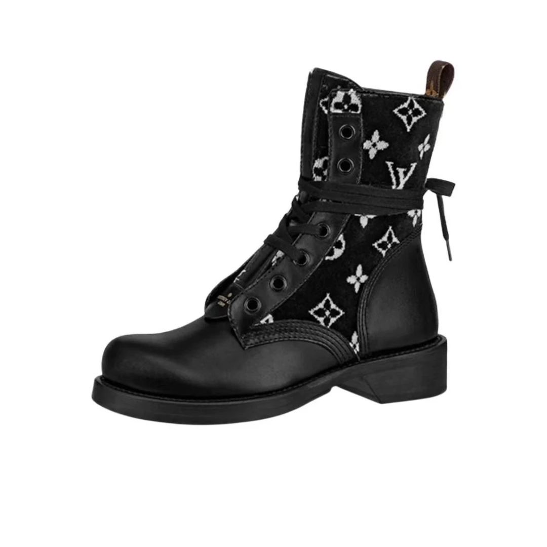LouisVuitton/路易威登37码/黑色毛毛面满印系带百搭马丁靴 381