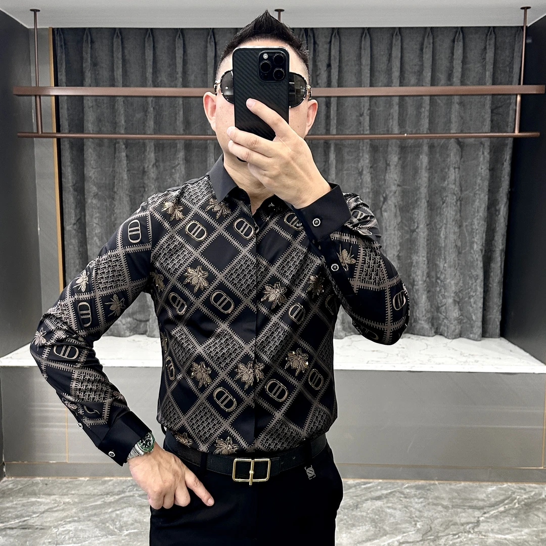 2025春季男士新款长袖时尚百搭修身烫钻轻奢蜜蜂图案衬衣22Q323