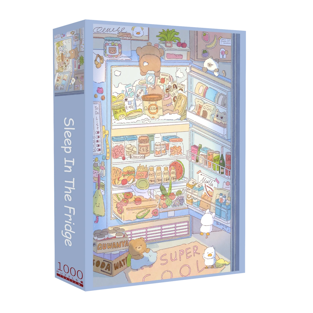 PJLT今晚睡冰箱1000片拼图丝绒工艺带背分区提示进口蓝卡纸