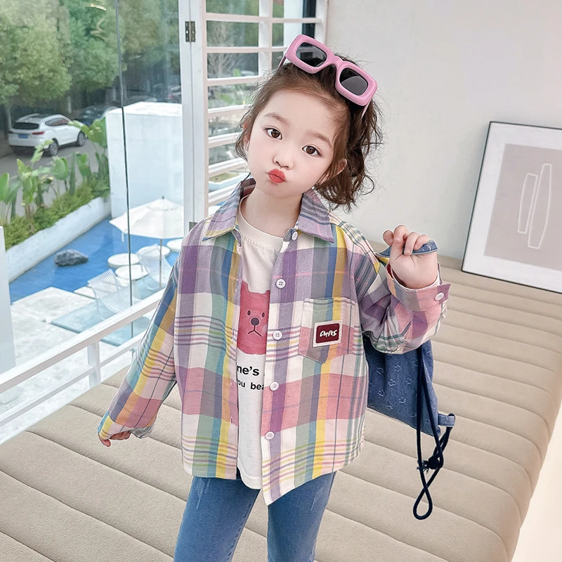 女童洋气长袖格子衬衫春秋季薄款新款防晒服儿童韩版春装宝宝衬衣