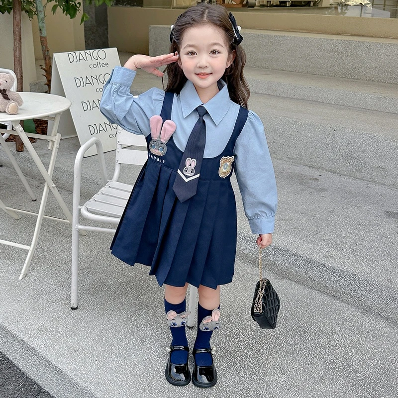 女童百褶裙子秋季2024新款儿童装兔子警官学院风秋装假两件连衣裙