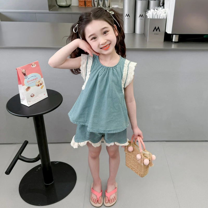 女童短袖套装2024夏季新款宝宝薄款时髦无袖T恤背心短裤两件套潮