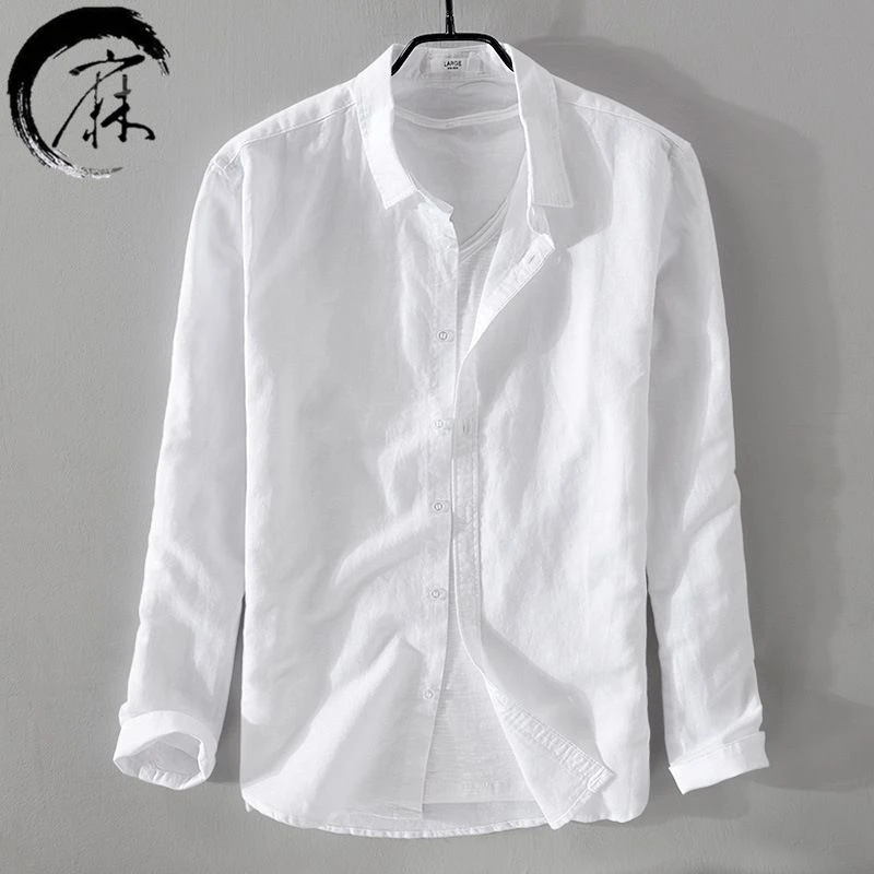 男士新款韩版白色衬衫男长袖薄款棉麻衬衣简约修身休闲寸衫男装潮