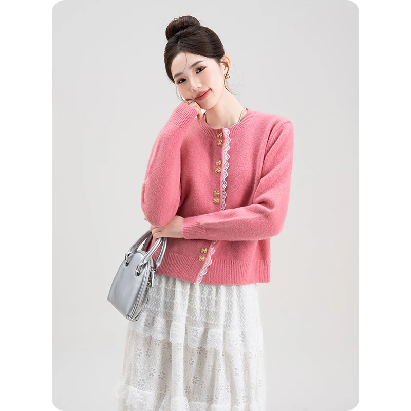 蕾丝花边拼接粉色针织毛衣开衫女春秋新款超好看蝴蝶结扣百搭上衣