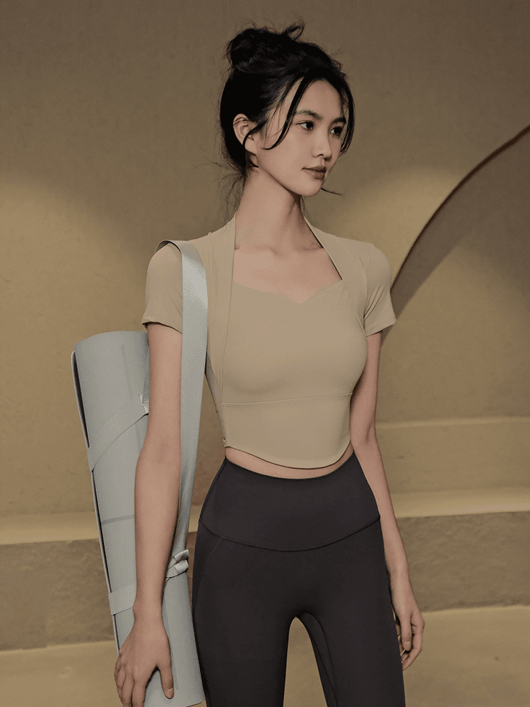 夏季瑜伽服女带胸垫假两件运动上衣气质短袖T恤普拉提训练健身服