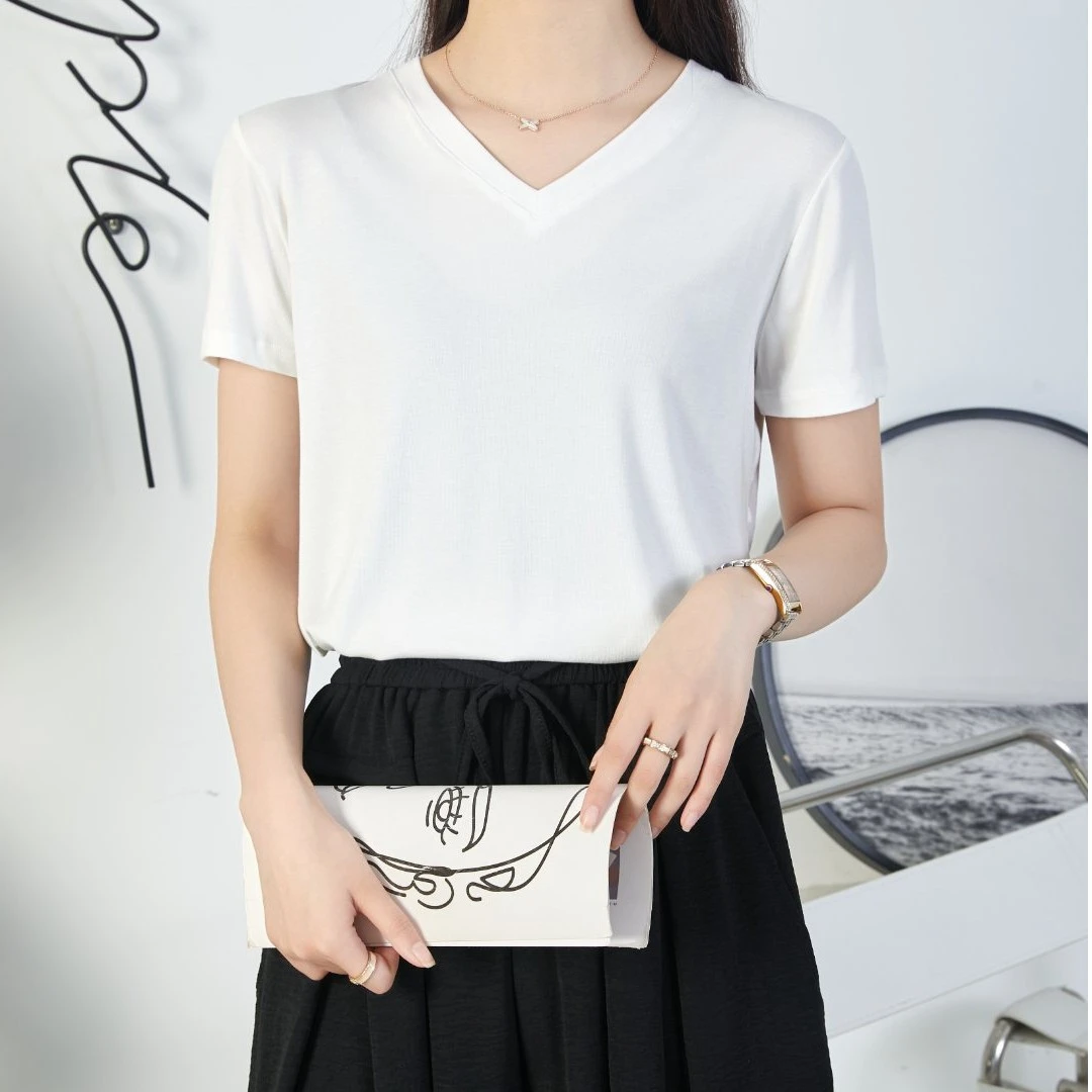 腾坊精品弹力棉V领女装纯色简约T恤百搭显瘦时尚休闲夏季宽松1829