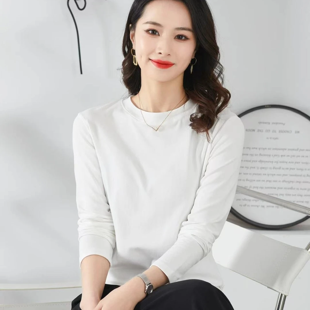 高品质精品弹力棉长袖圆领百搭打底纯色基础款时尚显瘦T恤女A806