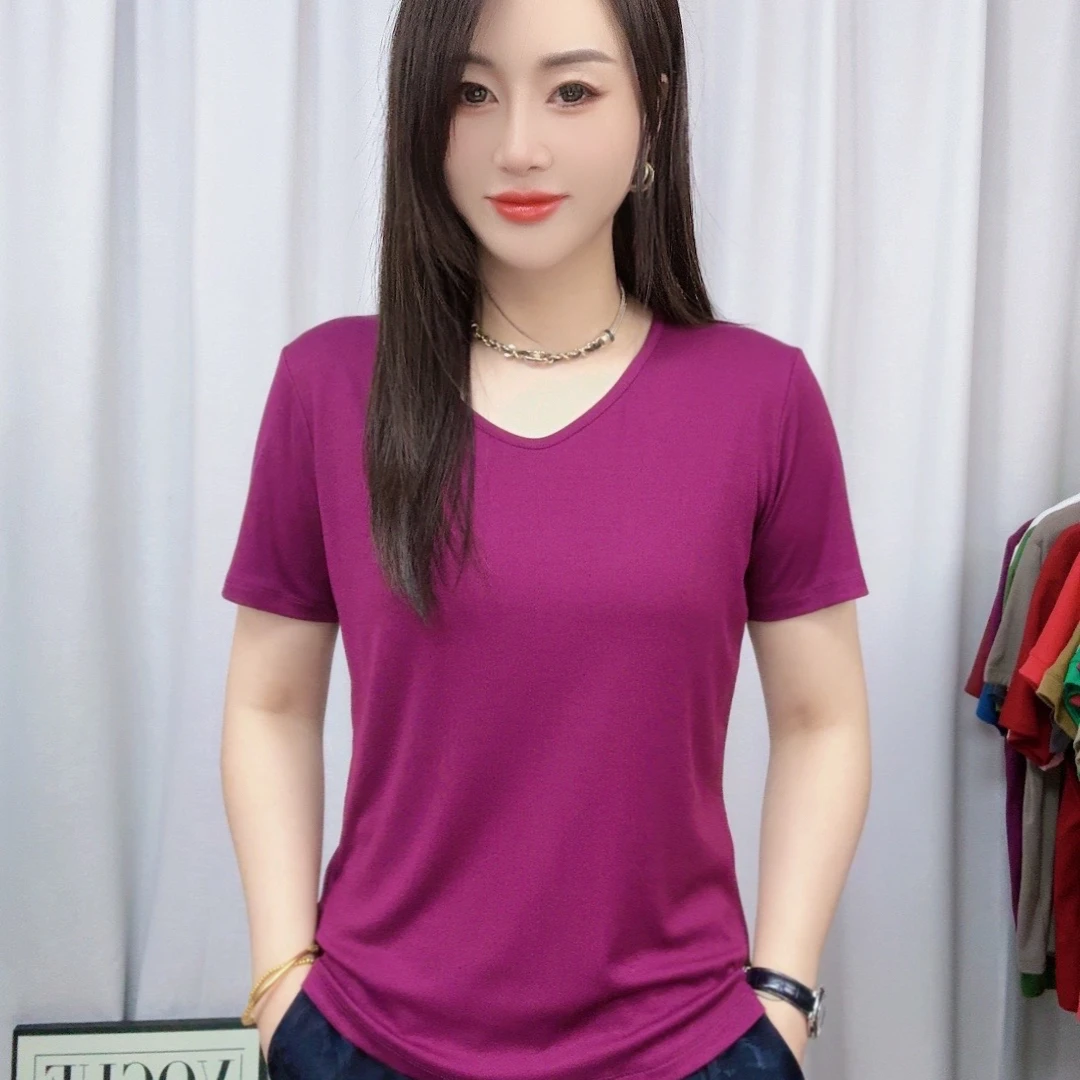 CHENG夏季新款凉感时尚休闲简约短袖V领T恤百搭显瘦短袖T恤女266