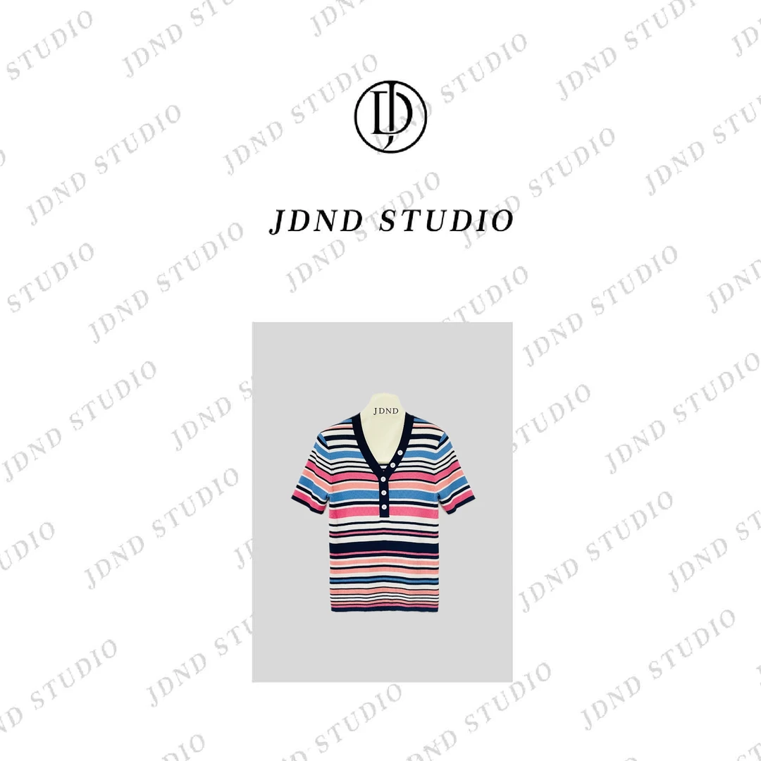 【梦幻泡影】夏季时尚V领拼色显瘦针织小衫XY24874 JDND轩羽