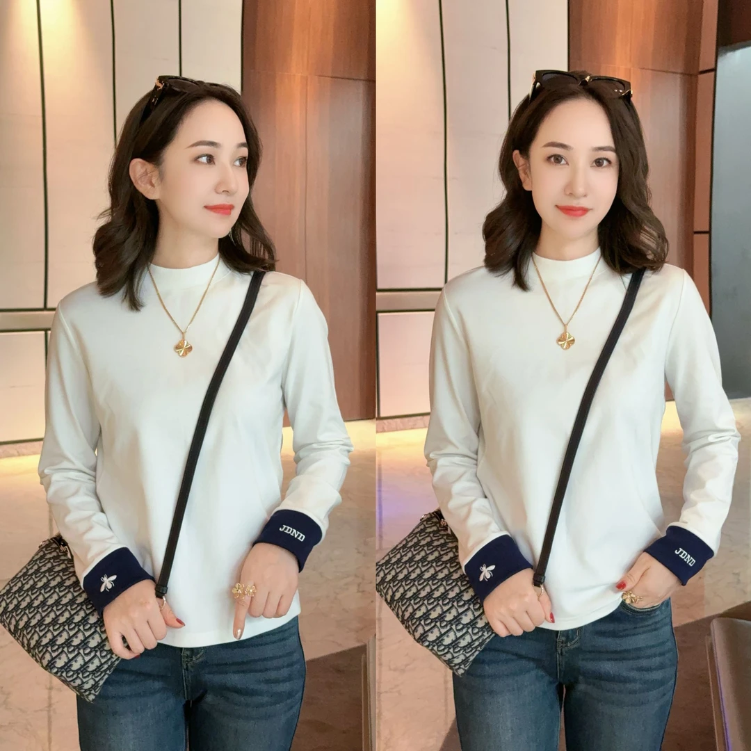 【加绒蜜蜂】加厚百搭刺绣蜜蜂袖口拼接T恤上衣XY241639 JDND轩羽