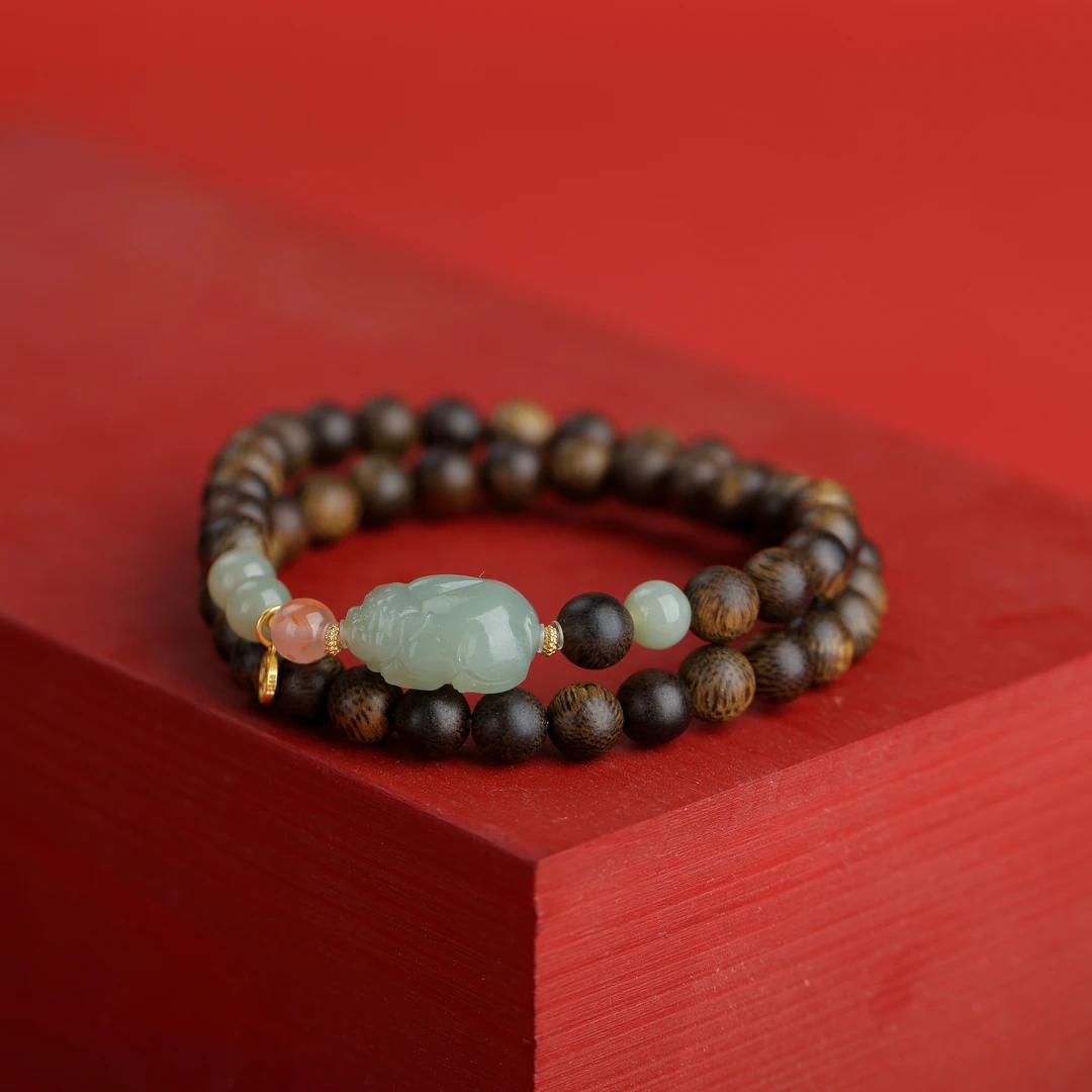 【香木雅集甄选】沉香手串-黄棋楠双圈貔貅设计款手串