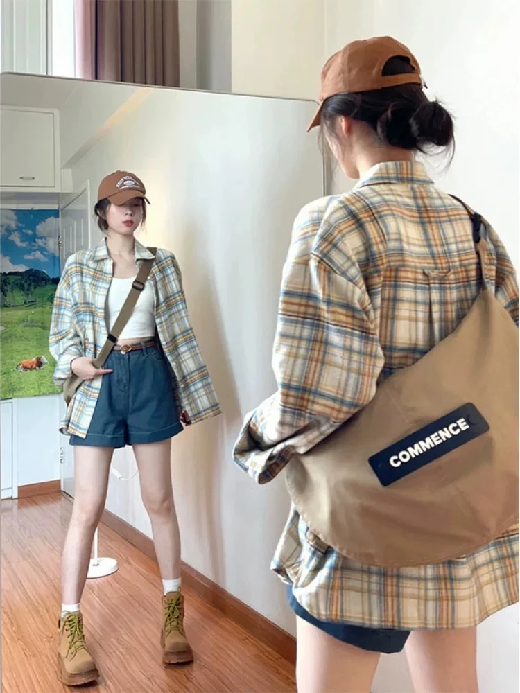 【工厂直发】01早秋韩系高级设计感百搭慵懒宽松薄款格子衬衫外套in