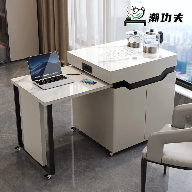 阳台岩板伸缩茶桌轻奢现代高级感小型简约移动茶台家用客厅泡茶桌
