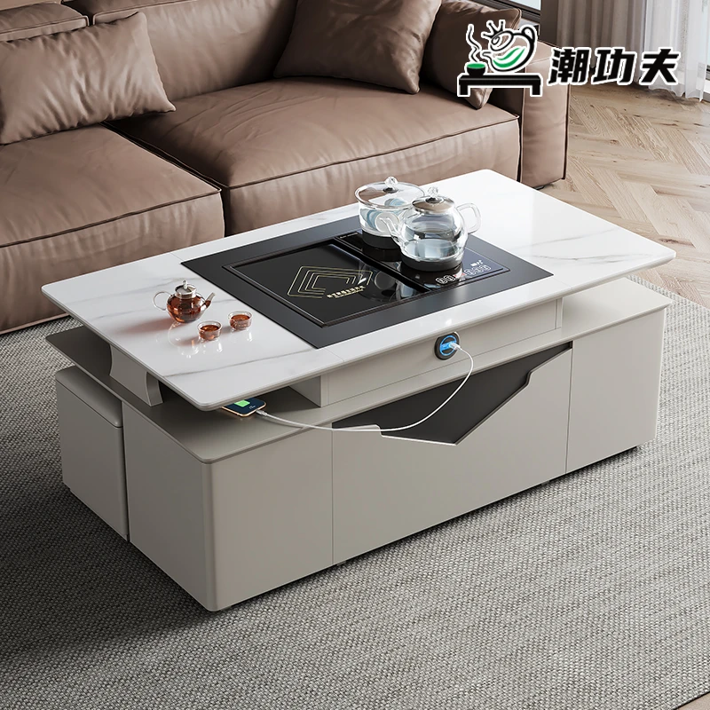 现代简约轻奢客厅多功能岩板升降功夫茶几