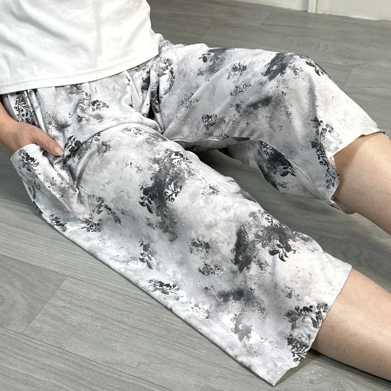夏季人造棉棉绸可外穿睡裤薄款高腰长裤印花碎花居家宽松百搭时尚