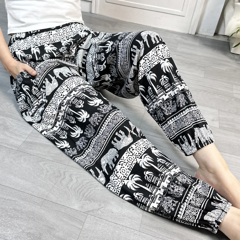 棉绸睡裤女士大码人造绵绸可外穿家居碎花裤子宽松沙滩裤大象条纹