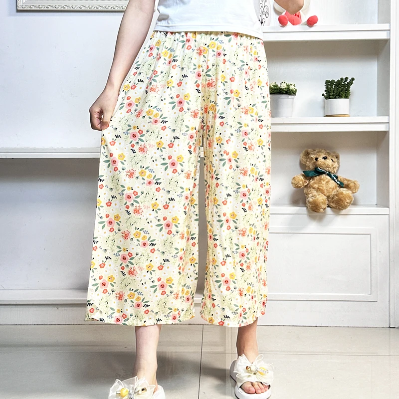 棉绸睡裤女夏人造棉薄款网红阔腿裤春秋可外穿宽松家居空调长裤子