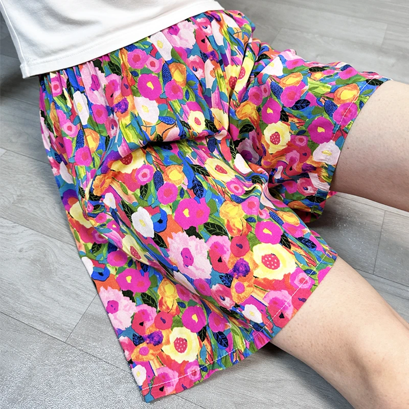 新款睡裤女夏款绵绸短裤人造棉沙滩裤速干印花宽松家居大码休闲裤