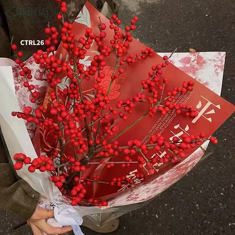 新春快乐喜庆包装纸平安喜乐冬青纸鲜花花艺设计diy国潮国风纸红