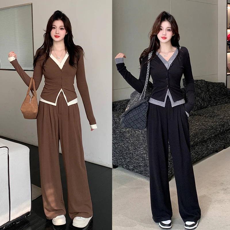 2024秋装新款胖mm大码设计感假两件开衫上衣+高腰松紧阔腿裤32188