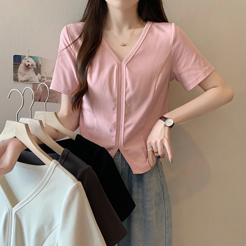 2024夏装新款胖mm大码女温柔风V领设计感辣妹短袖T恤上衣