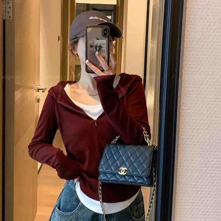 【小希STUDIO】秋装新款假两件设计感连帽休闲拼色帽衫上衣