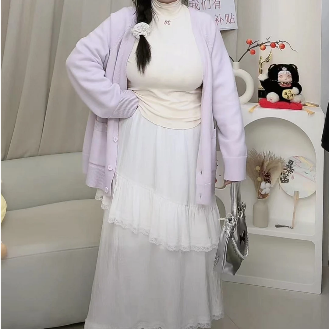 【小巧现货青苍】QXD51175设计感纯色蕾丝花边半身裙