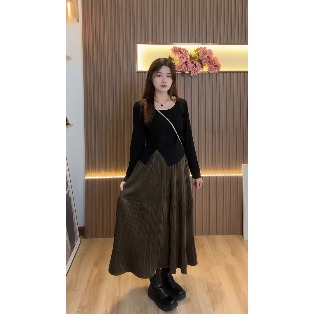 【仅半身裙】花老爷秋冬新款时尚显瘦百褶半身裙HLY3097