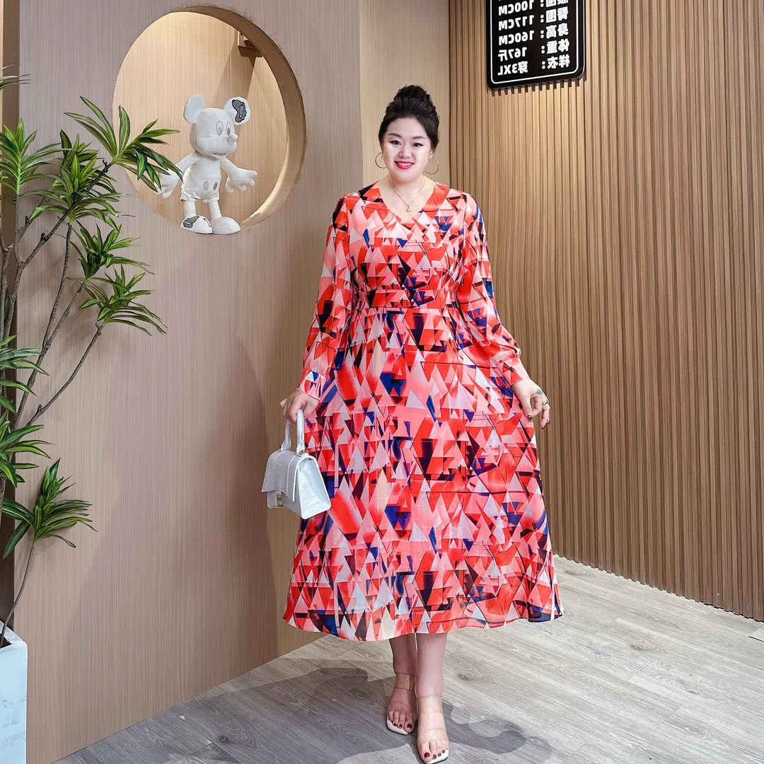 【梅姐定制】MJ9039 秋季新款洋气显瘦气质V领收腰大码连衣裙