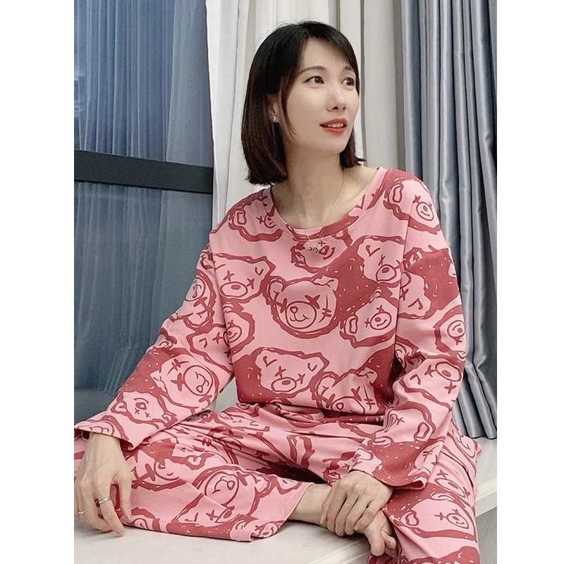 大码睡衣宽松女士纯棉长袖甜美套装秋冬天卡通韩版可外穿女家居服