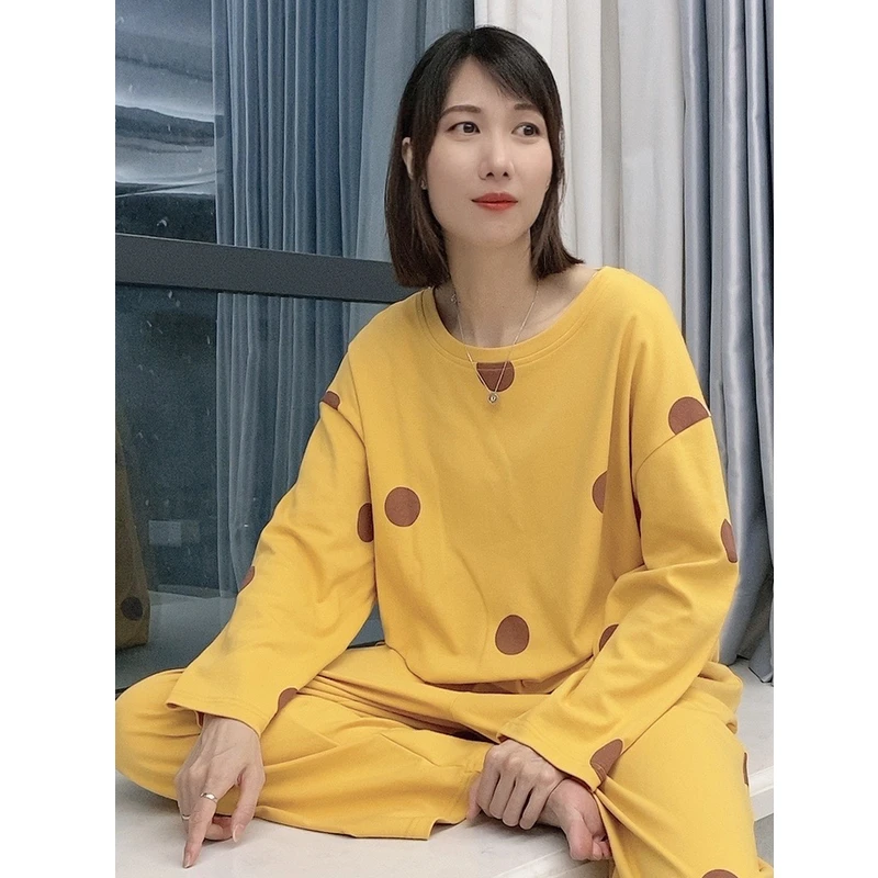 秋季新款睡衣女士纯棉长袖休闲韩版套装秋冬超大码可外穿女家居服