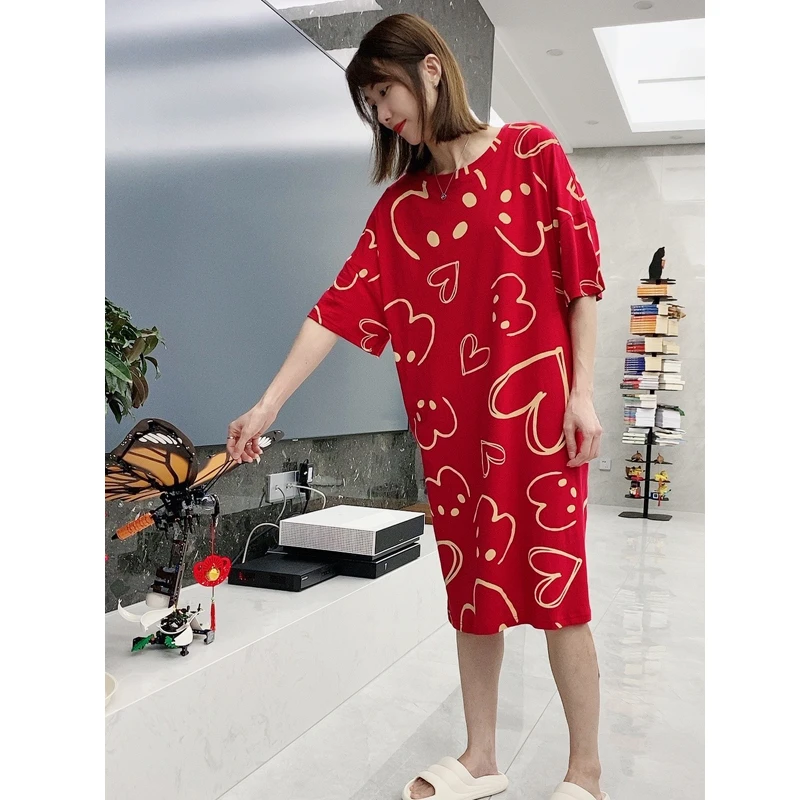 大码睡裙女夏季纯棉短袖宽松卡通红色睡衣夏天薄款新婚喜庆家居服