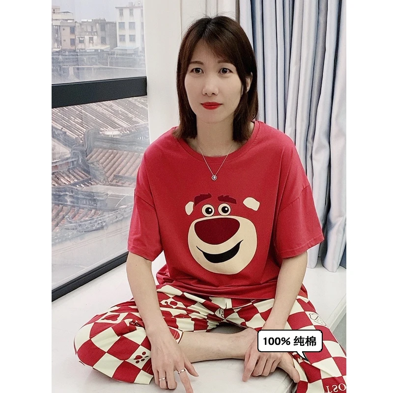 特大码睡衣女短袖纯棉夏季薄款宽松卡通套装夏天简约家居服可外穿